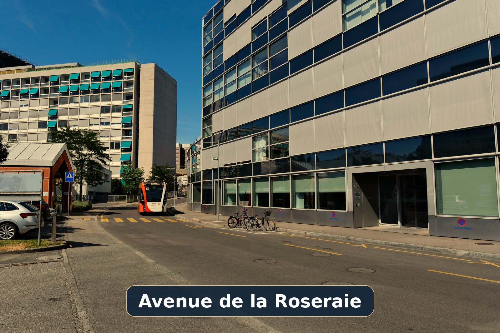 Avenue de la Roseraie, arrêt de bus devant le cabinet